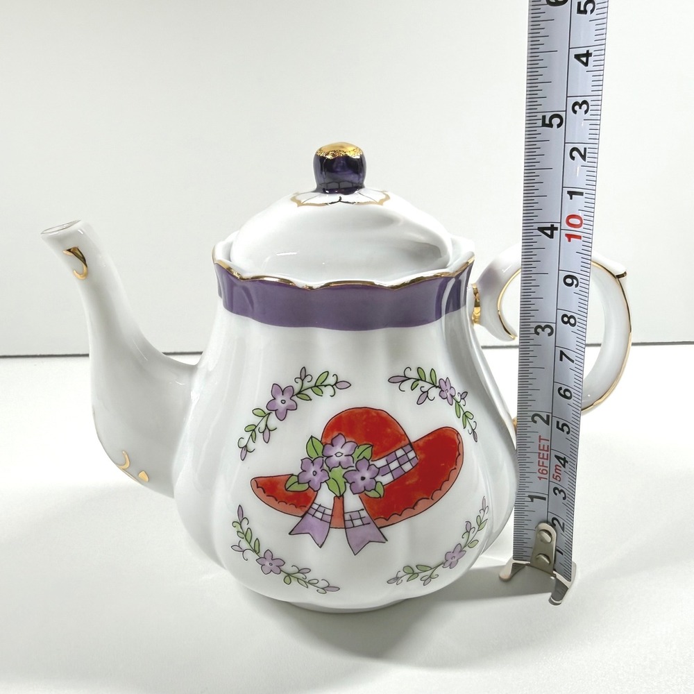 Vintage Teapot Red Hat Society Floral Purple Gold Trim Tea Party Decor Gift - Picture 10 of 11